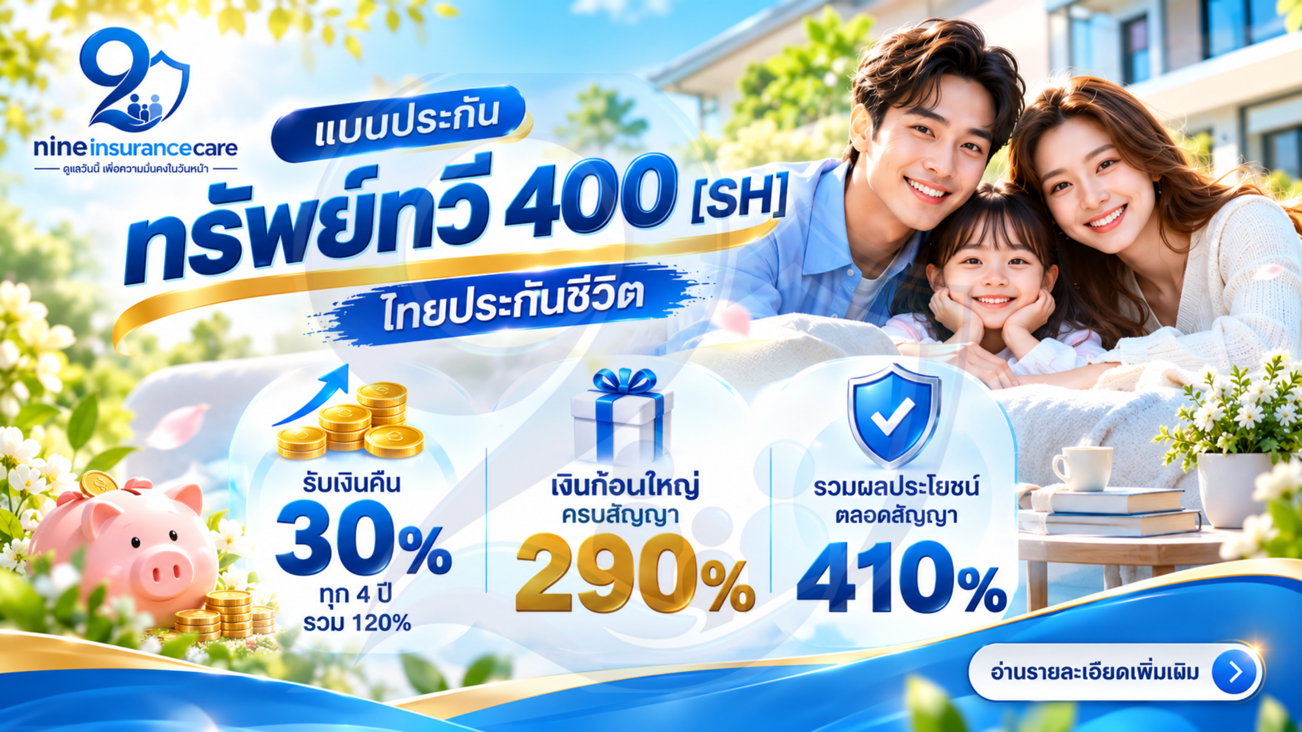 ทรัพย์ทวี 400 [SH] ประกันออมทรัพย์ รับเงินคืนทุก 4 ปี พร้อมเงินก้อนเมื่อครบสัญญา